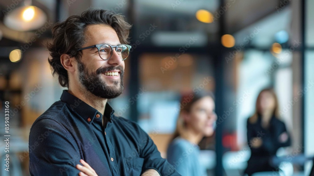 A confident individual smiling in a modern office environment. A confident individual smiling in a modern office environment.