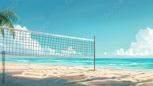 Beach background with beach volleyball net and a game in progress.