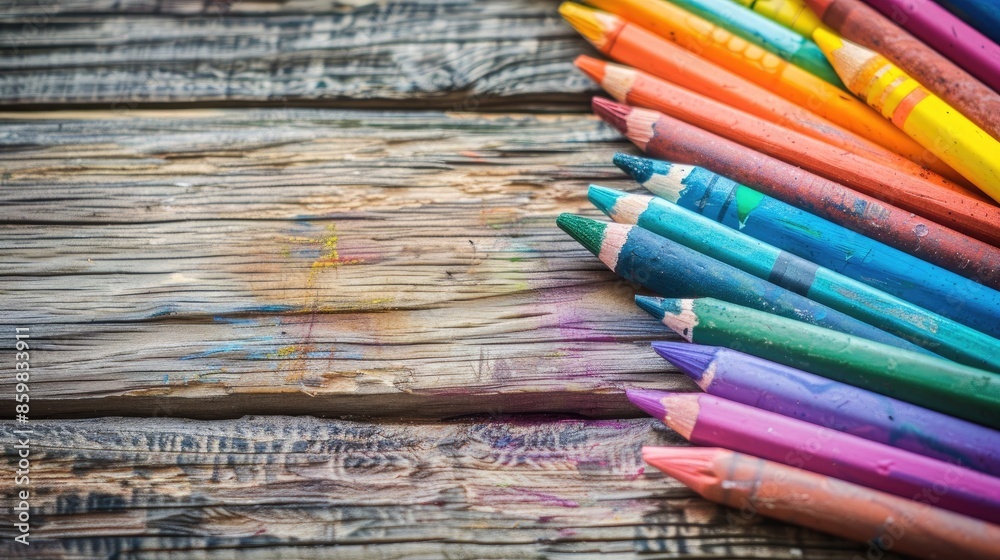 Crayon drawing on wooden background with room for text Crayon drawing on wooden background with room for text