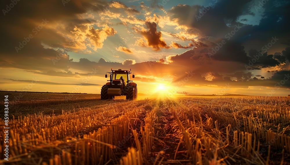 Fototapeta premium Tractor Silhouette at Sunset Over a Golden Field