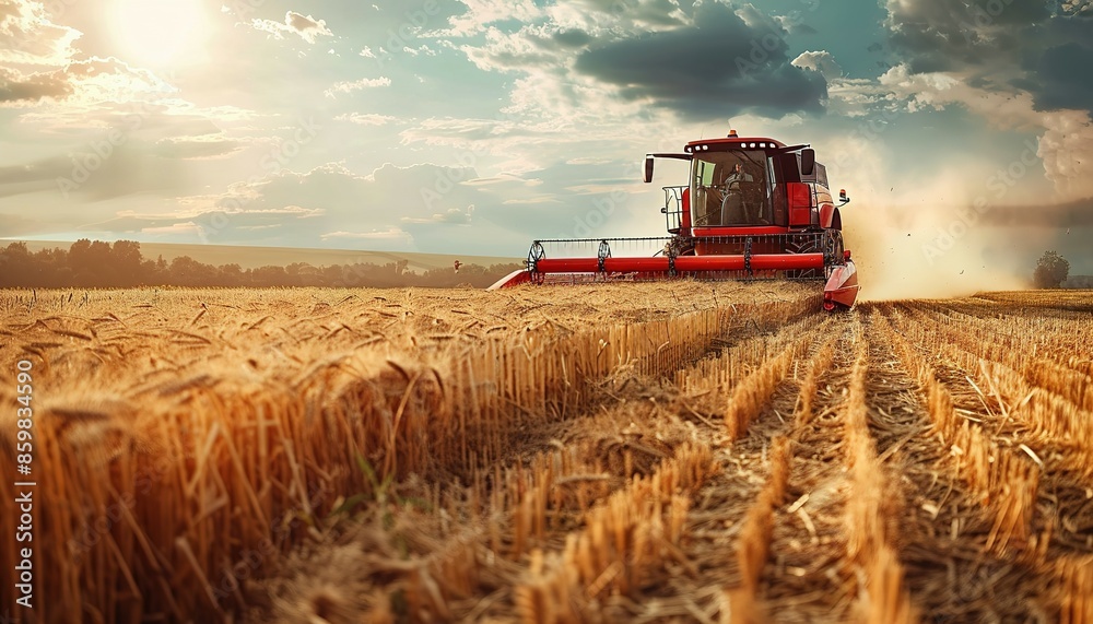 Fototapeta premium Harvesting Wheat Field at Sunset