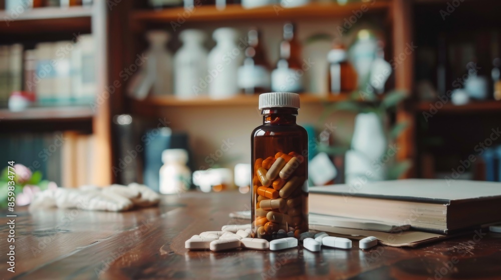 Health care and medicine. Bottle and Pills on wooden desk Health care and medicine. Bottle and Pills on wooden desk