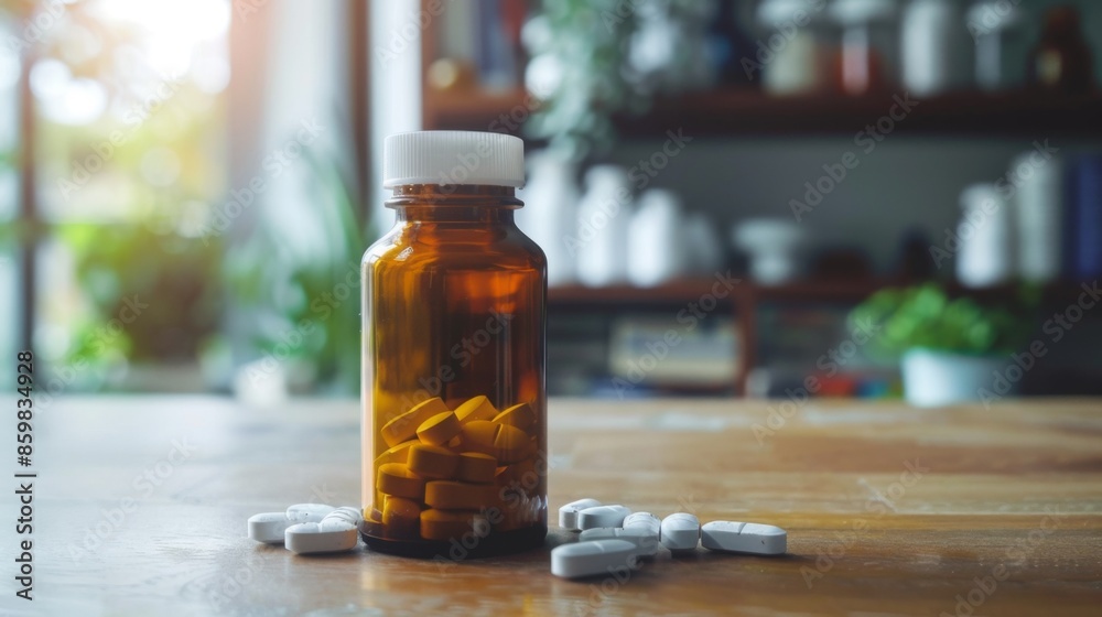 Health care and medicine. Bottle and Pills on wooden desk Health care and medicine. Bottle and Pills on wooden desk