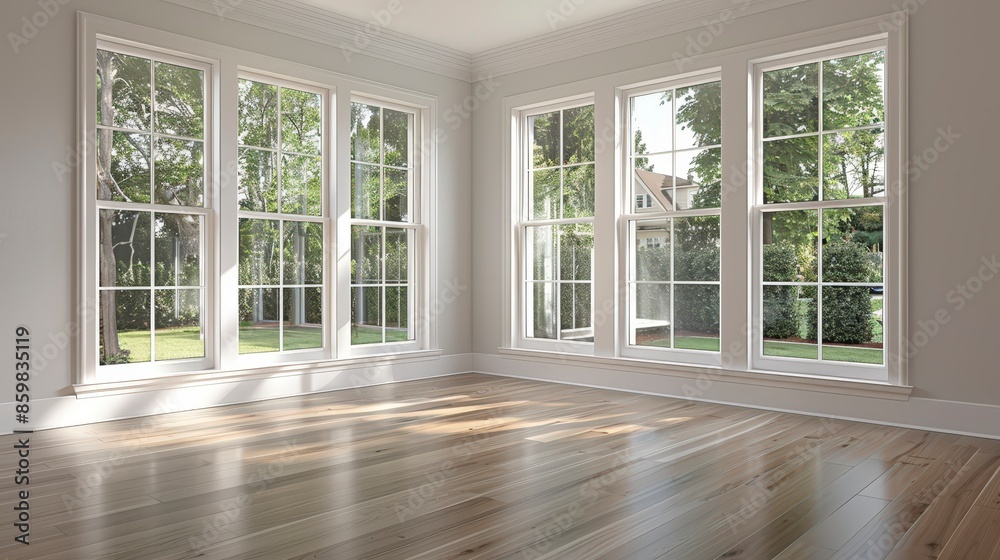 Fototapeta premium Empty Room with Large Windows and Hardwood Floor.
