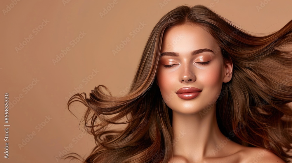 Naklejka premium Beautiful woman with long flowing brown hair, cosmetic salon, beauty, shampoo, hairstyle and women's hair care.