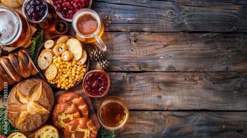 Oktoberfest themed design template with traditional food and beer mug on wooden backdrop