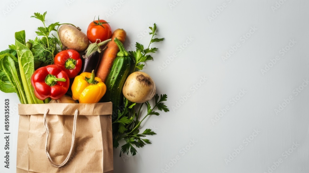 Healthy food background. Healthy food in paper bag vegetables and fruits on white, with copy space Healthy food background. Healthy food in paper bag vegetables and fruits on white, with copy space
