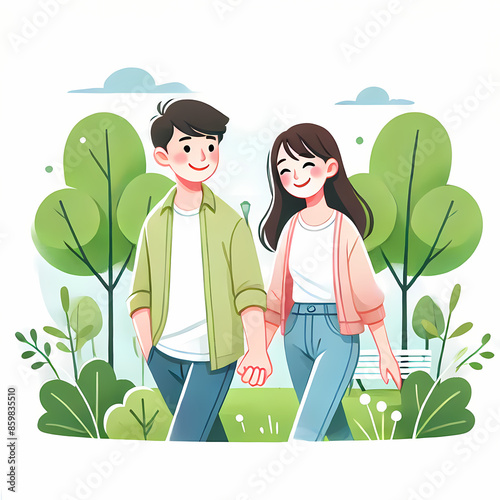 young couple in the park walking illustration 2d