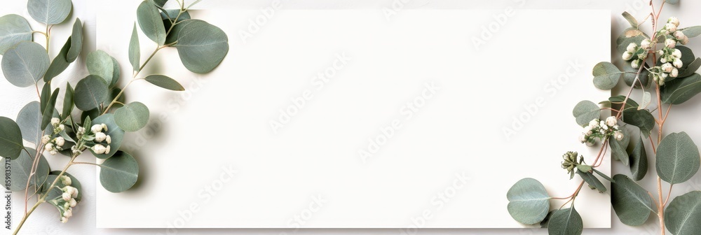 Fototapeta premium Eucalyptus branches with white flowers on white background.