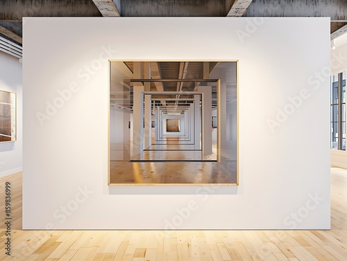 Interior shot of an art gallery with a focus on a piece of optical illusion art that plays with perspective and viewer perception, mounted on a white wall. 