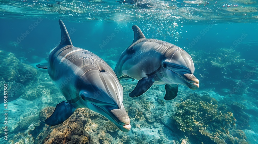 Fototapeta premium High angle view of two Bottlenose Dolphins, tursiops truncatus, swimming close to surface