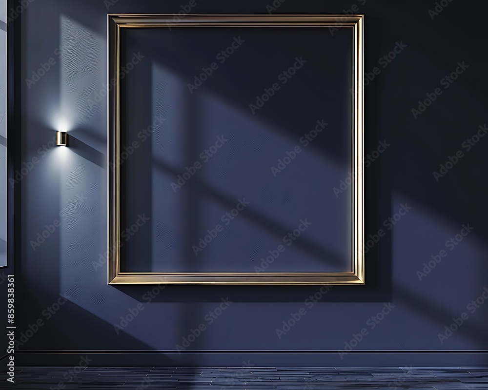One large empty square frame on a navy blue wall, highlighted by a single spotlight, creating a bold and dramatic focal point One large empty square frame on a navy blue wall, highlighted by a single spotlight, creating a bold and dramatic focal point