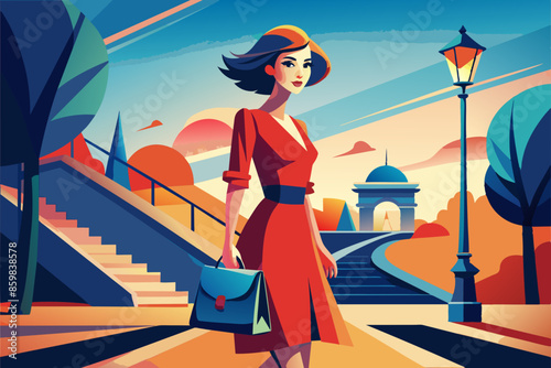 Ilustración vectorial de una mujer con un vestido rojo y un bolso azul.