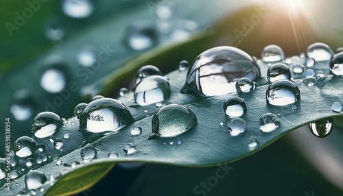 Large beautiful drops of transparent rain water on a leaf