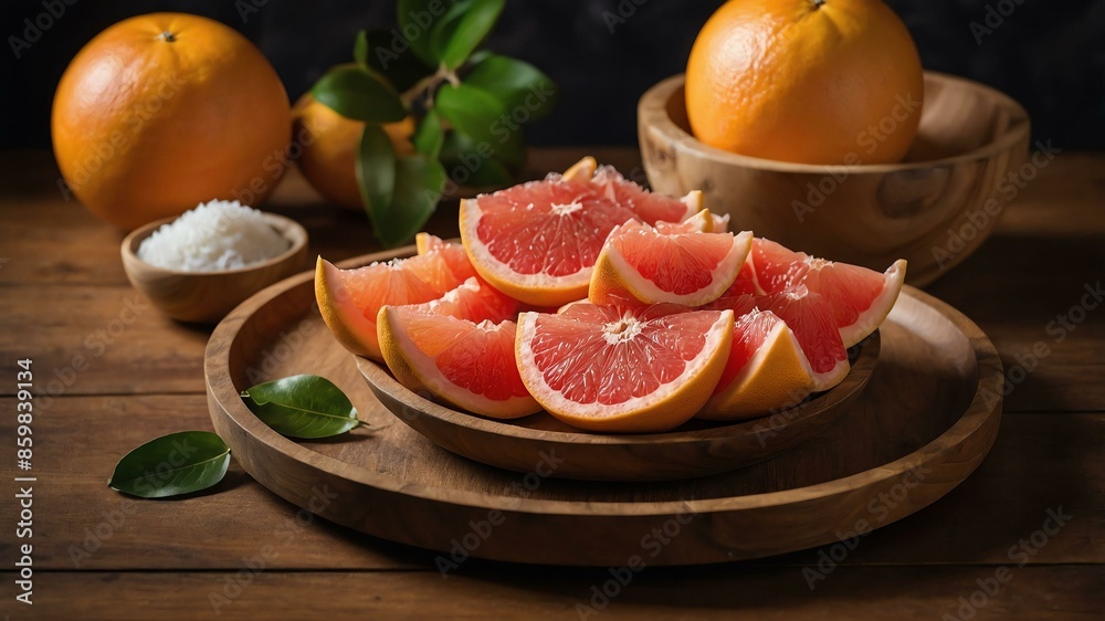 grapefruit served in wooden plate and wooden table grapefruit served in wooden plate and wooden table