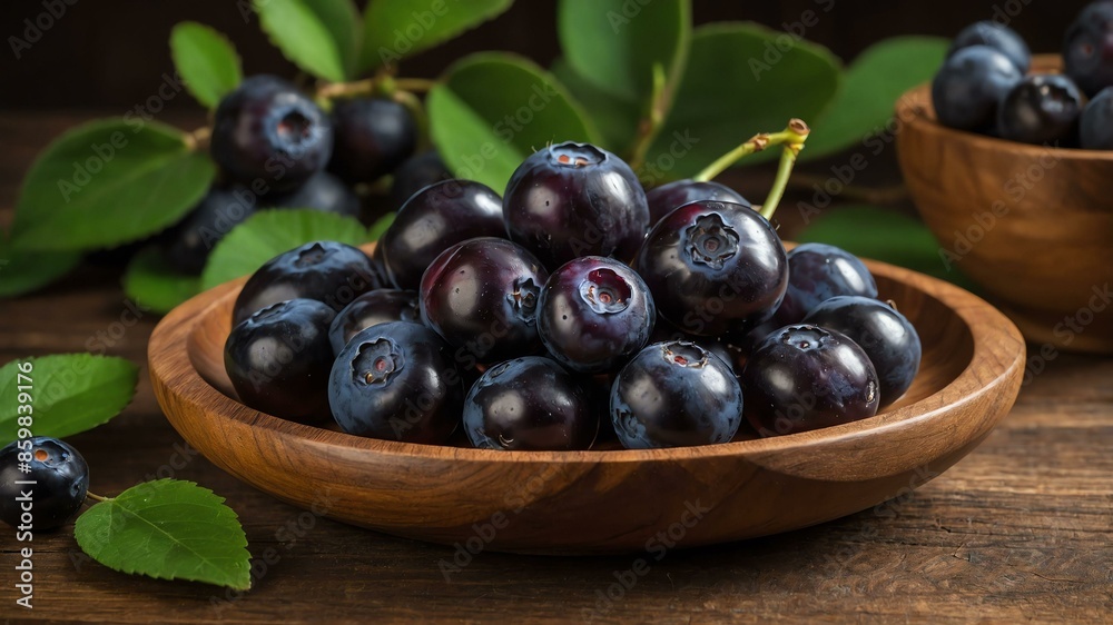 huckleberry fruit served in wooden plate and wooden table huckleberry fruit served in wooden plate and wooden table