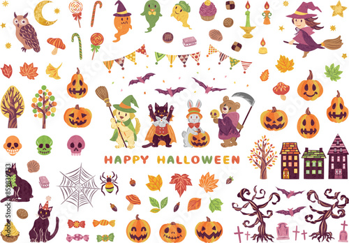 10月　ハロウィーン　仮想衣装を着た動物たち　ジャックオランタン　イラスト素材セット