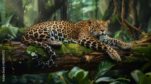 Leopard relax in the rain forest on the timber with moss