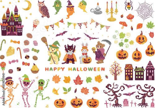10月　ハロウィーン　仮想衣装を着た動物たち　ジャックオランタン　イラスト素材セット