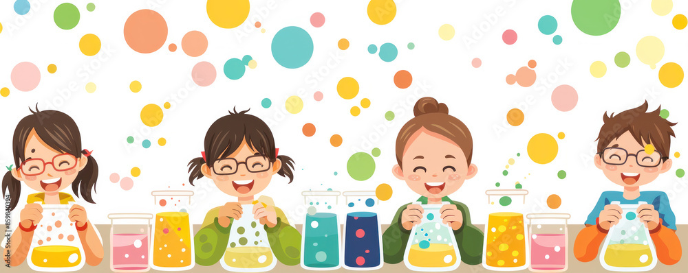 Fototapeta premium A group of children are sitting at a table with various science experiments and colorful liquids. They are all smiling and seem to be enjoying themselves. Concept of fun and learning