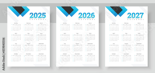 2025, 2026, 2027 years calendar. The week starts on Sunday. Simple calender layout. Yearly diary. Desk planner template with 12 months. Organizer in English. Pocket or wall formats.