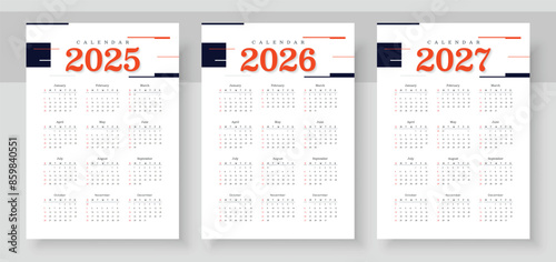 2025, 2026, 2027 years calendar. The week starts on Sunday. Simple calender layout. Yearly diary. Desk planner template with 12 months. Organizer in English. Pocket or wall formats.