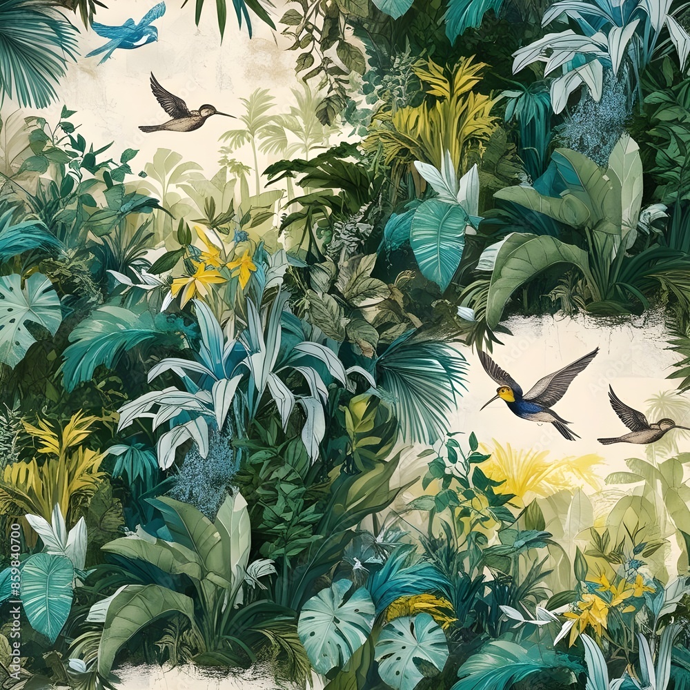 wallpaper jungle and leaves tropical forest birds old drawing vintage Generative AI