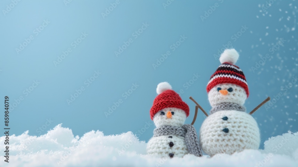 Obraz premium little knitted snowmans on soft snow on blue background