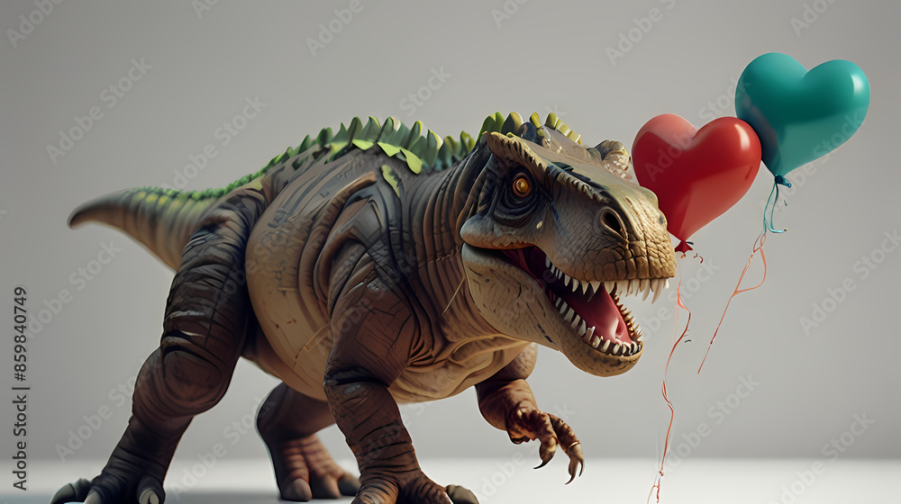 Fototapeta premium T rex - tyrannosaurus rex With Valentine Love balloon