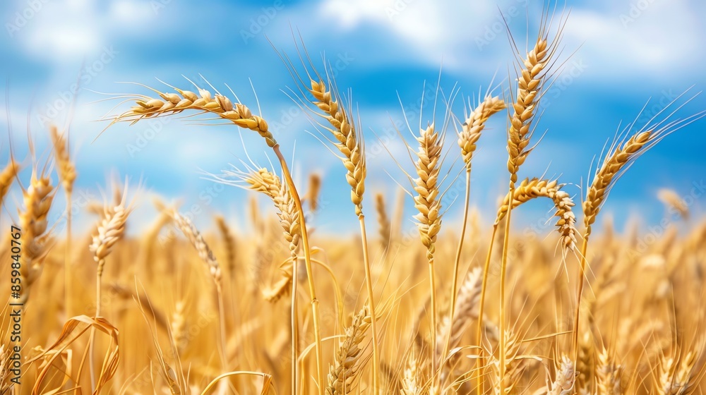 Closeup of a wheat field with a blue sky and clouds in the background. Closeup of a wheat field with a blue sky and clouds in the background.