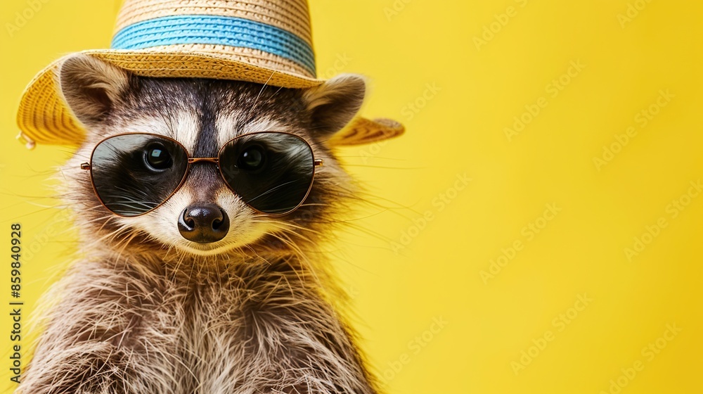 Raccoon Wearing Sunglasses and a Straw Hat