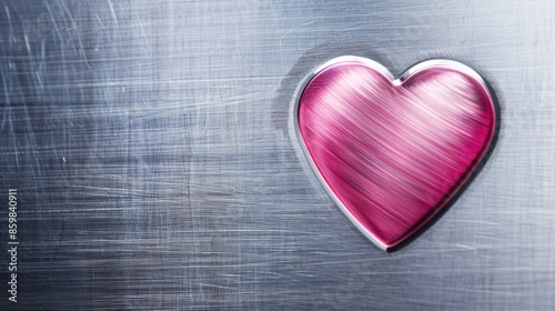 Background of stainless steel texture with a pink heart shape