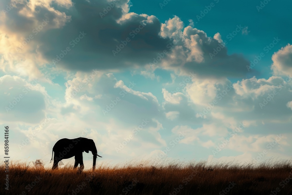 Fototapeta premium Dramatic silhouette of an elephant set against a vibrant sunset sky, encapsulating a peaceful end to the day in the savannah.