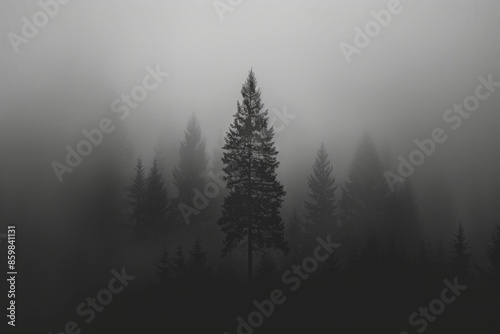 Eerie silhouette of a lone tree in a foggy forest, capturing a mystical and serene ambiance in monochrome tones.