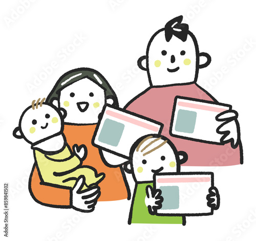 マイナンバーカードまたはカードを手に持つ子育てファミリー　ストックイラスト素材
