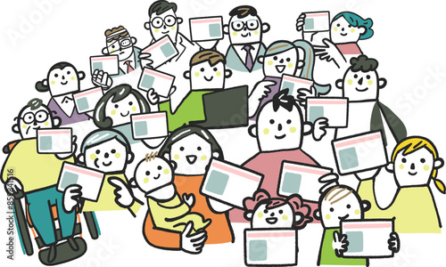 マイナンバーカードまたはカードを手に持つ様々な人々　ストックイラスト素材

