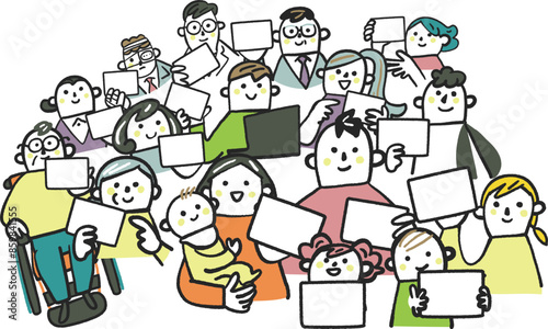 マイナンバーカードまたはカードを手に持つ様々な人々　ストックイラスト素材
