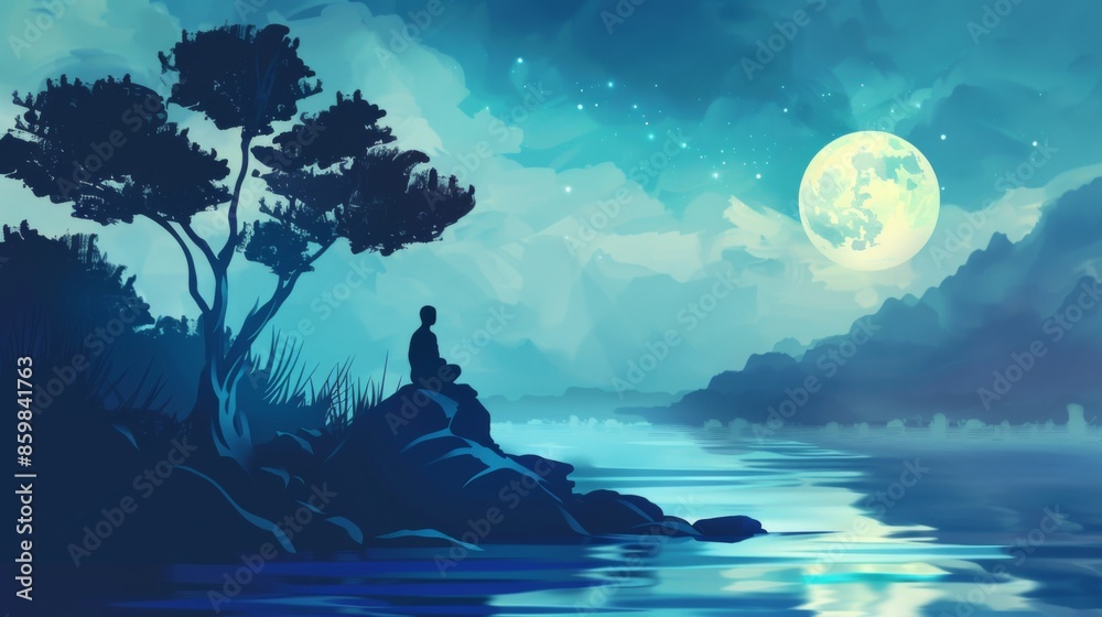 Obraz premium Panoramic illustration with a zen scene of deep relaxation and tranquility and with space for text