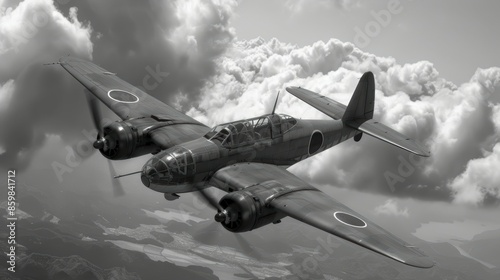 Black and white image of a vintage WWII fighter aircraft soaring through the cloudy sky exhibiting historical aviation engineering.