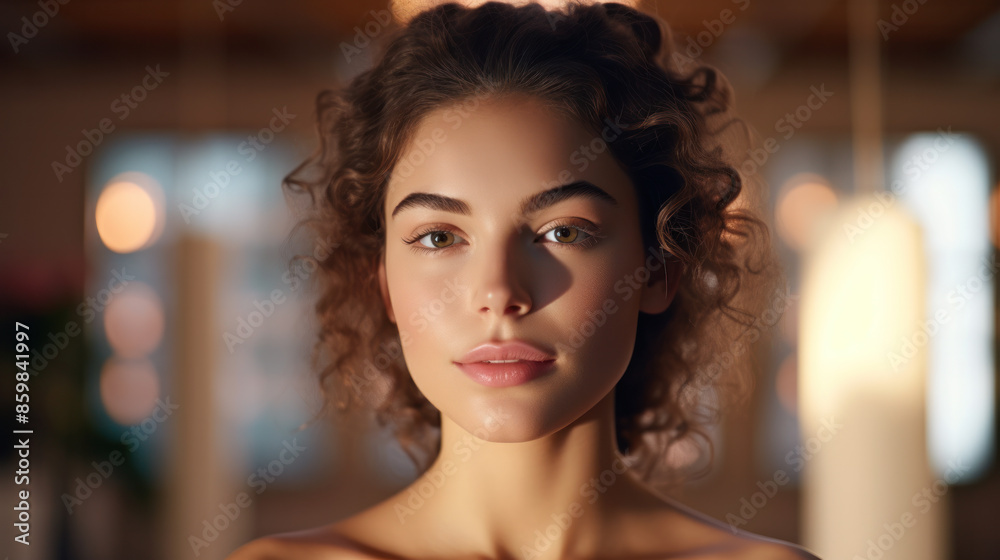 Naklejka premium Happy young woman sitting on sofa at home and looking at camera. Portrait of comfortable woman