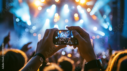 Person photographing concert on cellphone photo