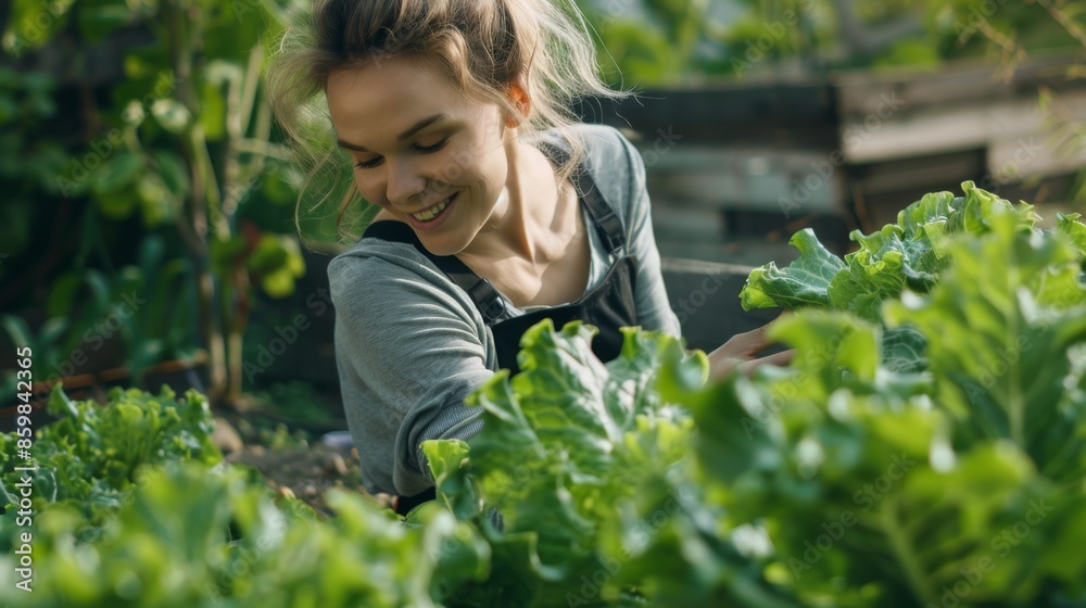 pretty blonde young woman harvesting fresh lettuce from raised bed, vegetable patch in garden and is happy pretty blonde young woman harvesting fresh lettuce from raised bed, vegetable patch in garden and is happy