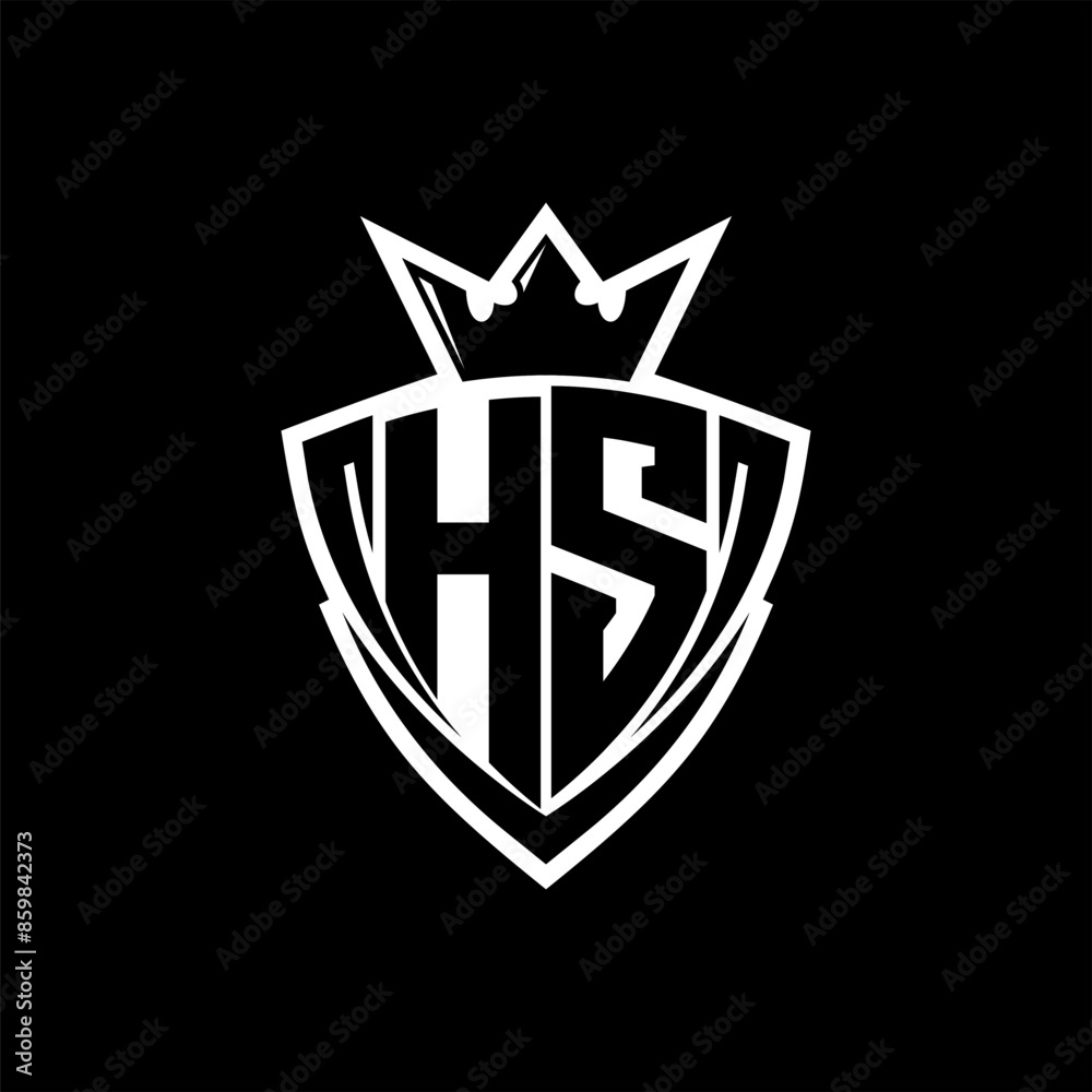 HS Letter logo with sharp triangle shield shape with crown inside white outline on black background template design HS Letter logo with sharp triangle shield shape with crown inside white outline on black background template design