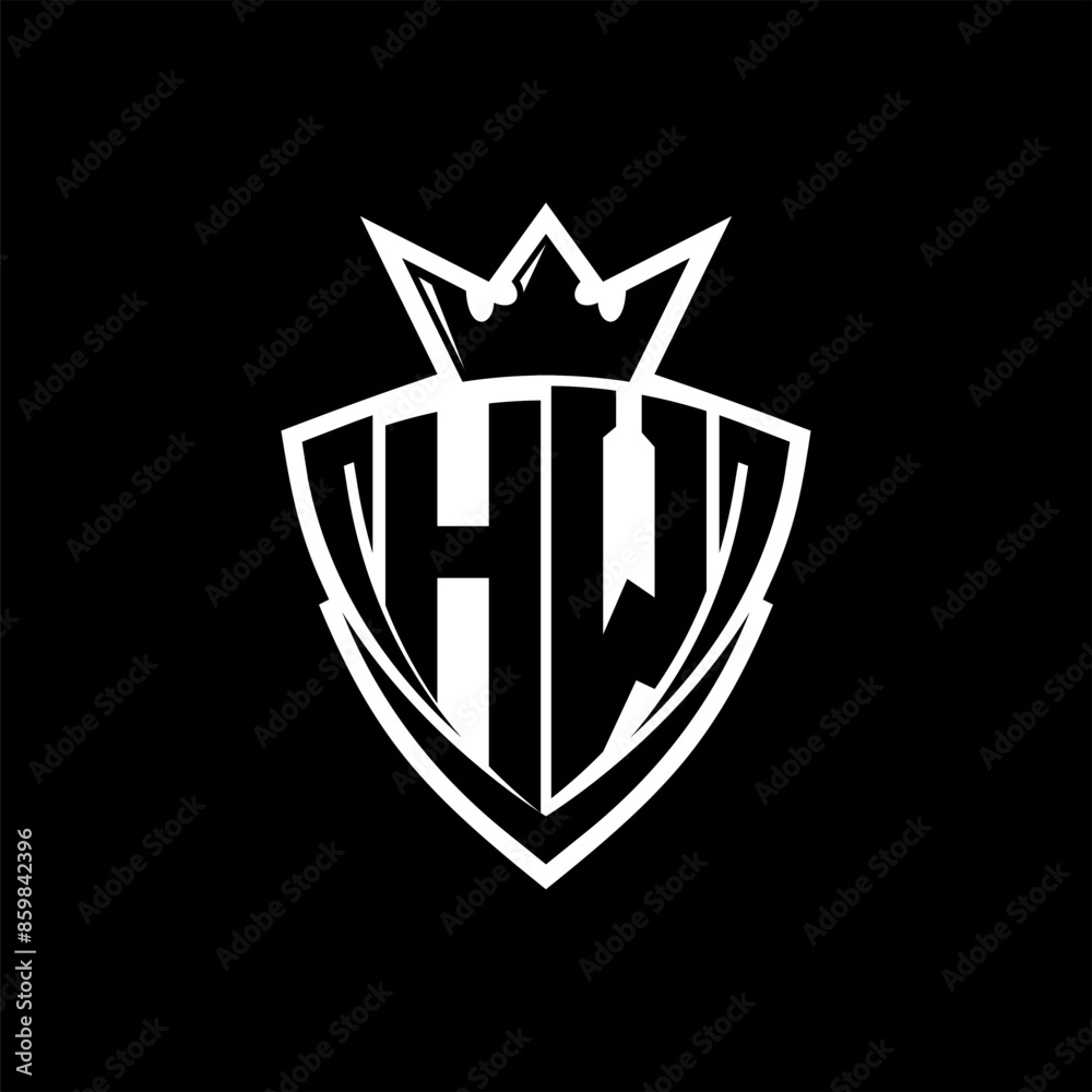 HW Letter logo with sharp triangle shield shape with crown inside white outline on black background template design
