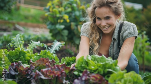 pretty blonde young woman harvesting fresh lettuce from raised bed, vegetable patch in garden and is happy