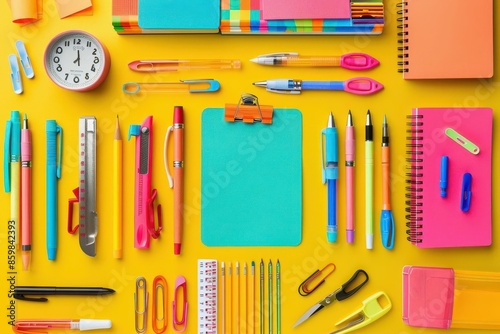 creative workspace essentials vibrant office supplies flat lay on bright yellow background abstract photo