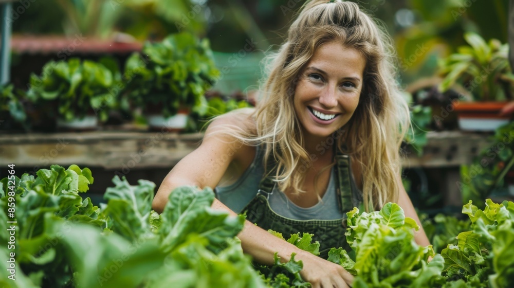 Fototapeta premium pretty blonde young woman harvesting fresh lettuce from raised bed, vegetable patch in garden and is happy