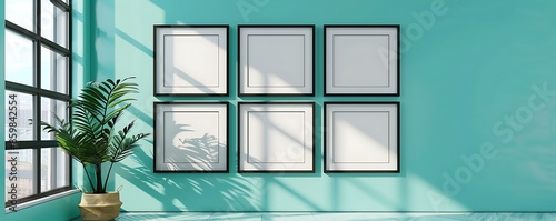 Six black frames in a staggered arrangement on a bright aqua wall, refreshing living room photo