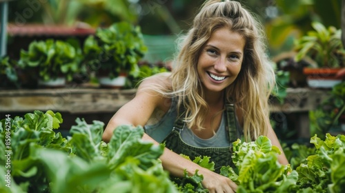 pretty blonde young woman harvesting fresh lettuce from raised bed, vegetable patch in garden and is happy