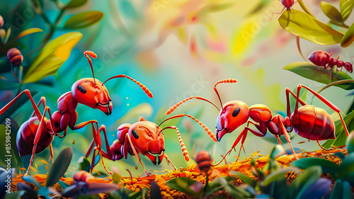 Many red worker ants help move sugar to store in the nest. bright colors, Cartoon Fantasy